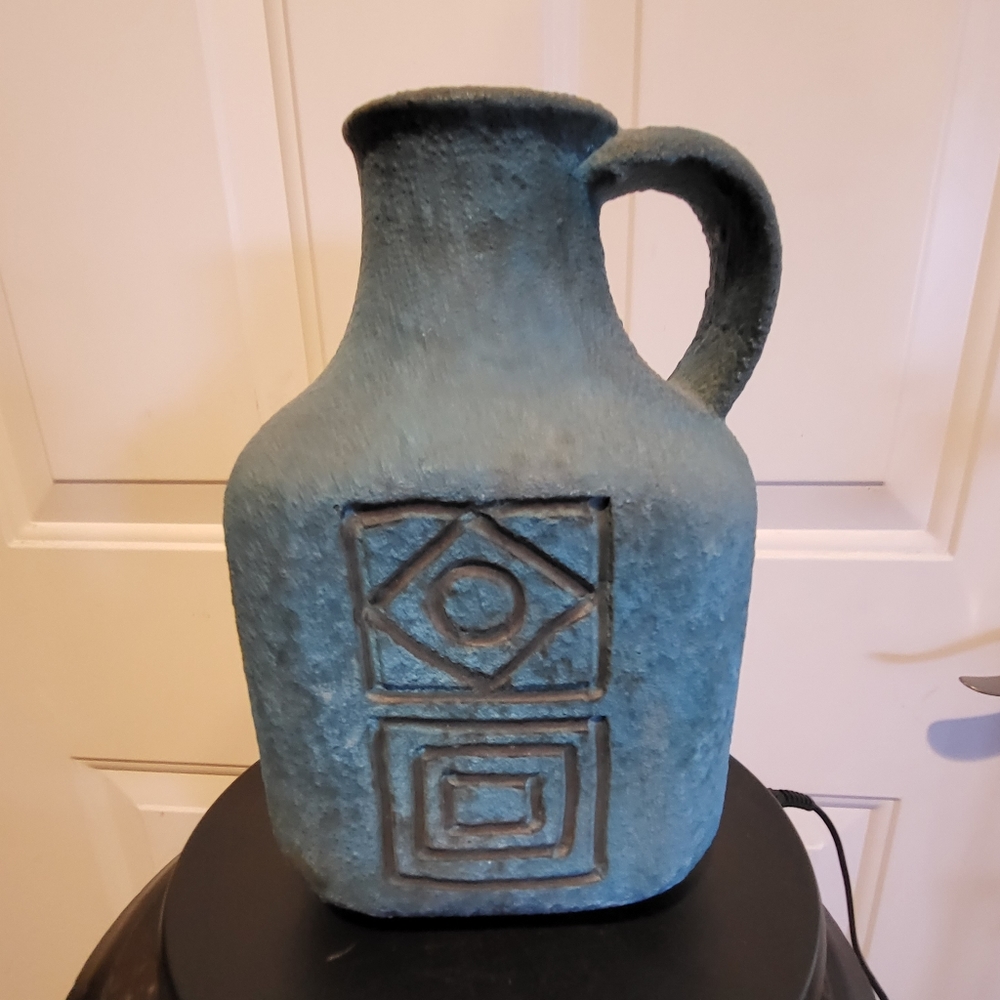 Bitossi Blue 1960s Mid-century Modern Fat Lava Pottery Pitcher Signed